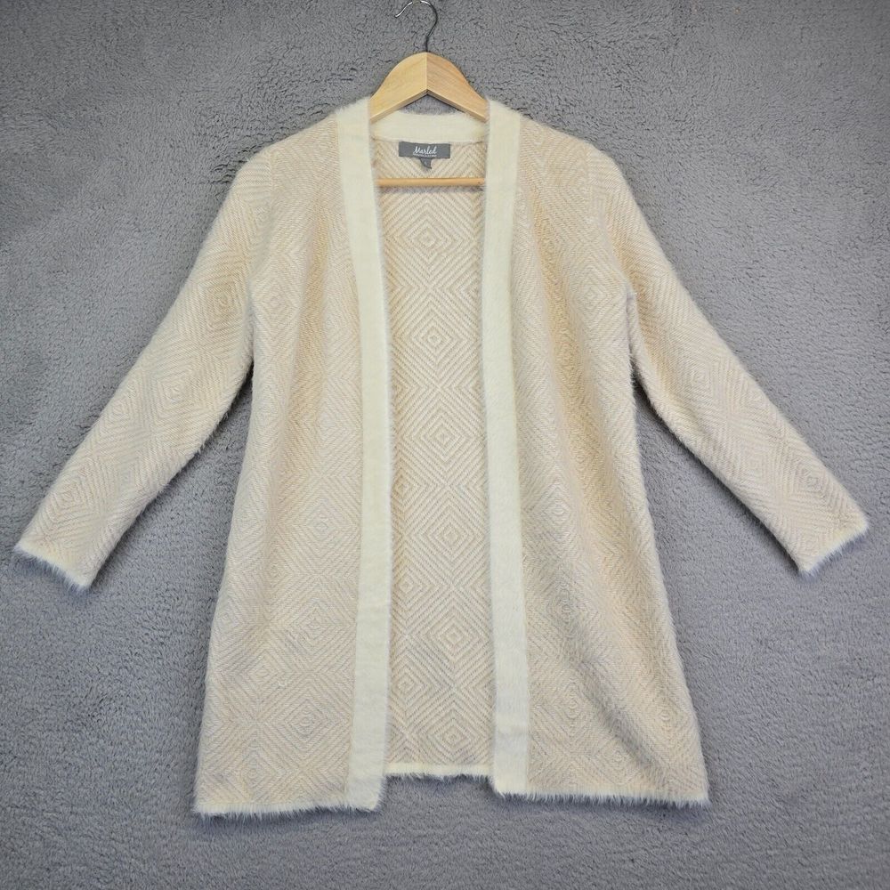Marled Faux Fur Cardigan Womens Size Small Beige‎ Soft Cozy Knit Teddy